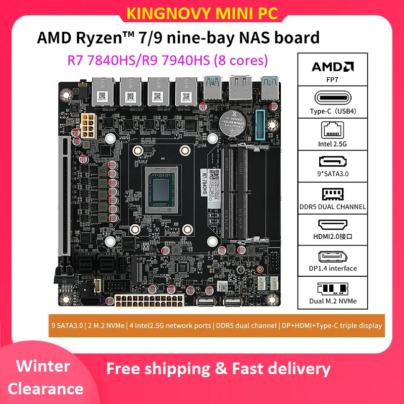 AMD 9-Bay NAS Motherboard Ryzen 7 8845HS USB4 4xi226-V 2.5G LAN Mini ITX 9xSATA3.0 2xM.2 NVMe PCIE X16 2xDDR5 Firewall Mainboard