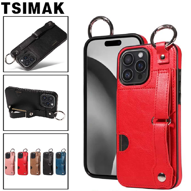 Leder-Handyhülle für iPhone 11 12 13 14 15 16 Pro Max XS XR X 16E 7 8 Plus SE 2 Handgelenkschlaufe Ring Wallet Card Slot Holder Cover