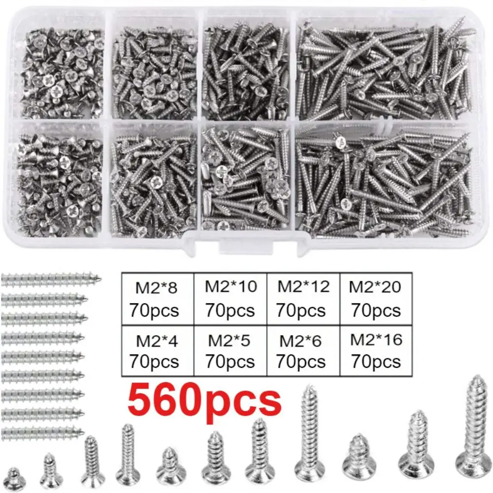 560Pcs Carbon Steel Self Tapping Screws Fully Threaded Flat Head Machine Screw Kit Phillips Drive Assorted Sizes