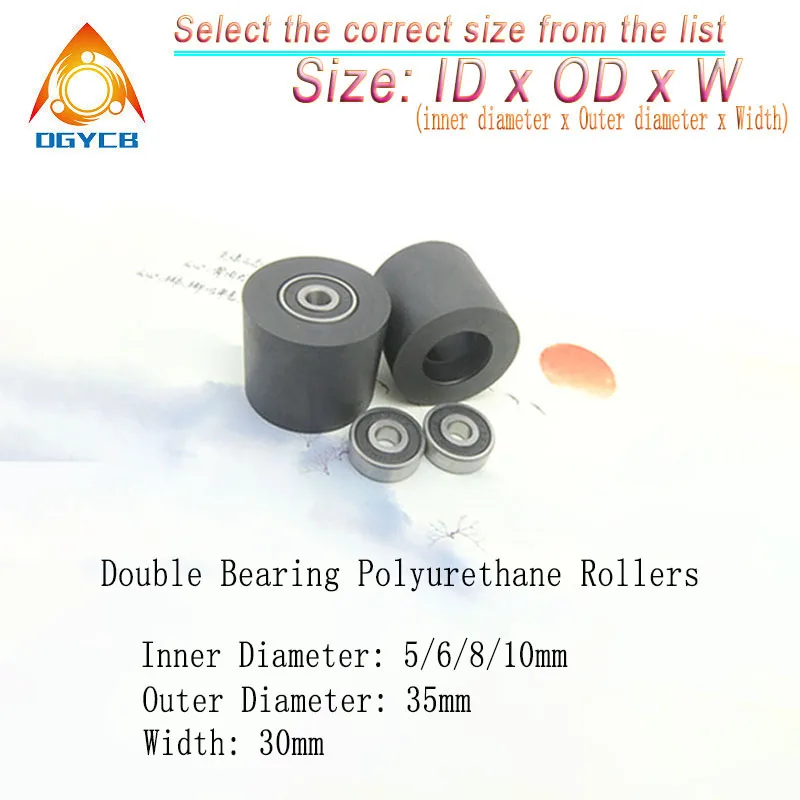 1 szt. rolka poliuretanowa z podwójnym łożyskiem 6x35x30 PUT62635-30, cicha rolka prowadząca płaska, średnica 35mm, otwór 6mm, gumowa rolka 6*35*30