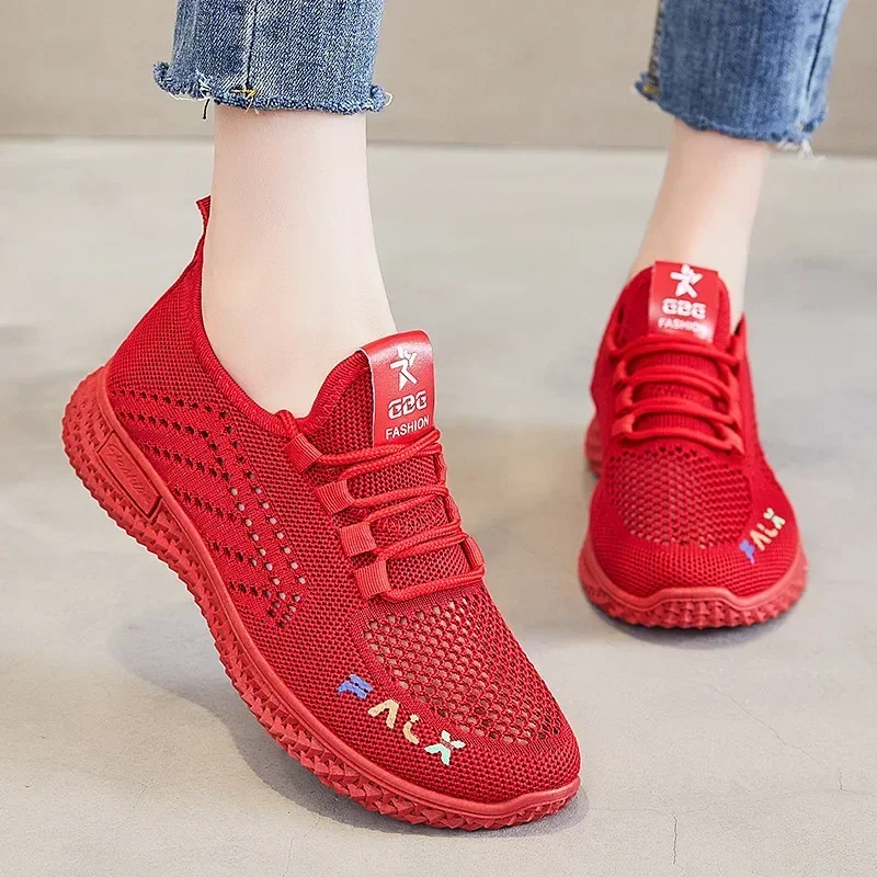 2024 Spring/Summer New Single Shoes Women's Soft soled Breathable Casual Sports Shoes Mesh Lace Fashion Women's Shoes