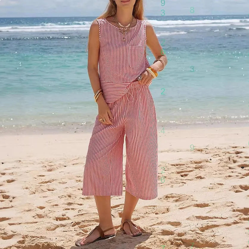

Spring Summer Cotton Striped 2 Piece Outfits Sleeveless Top and Capri Pants Matching Sets