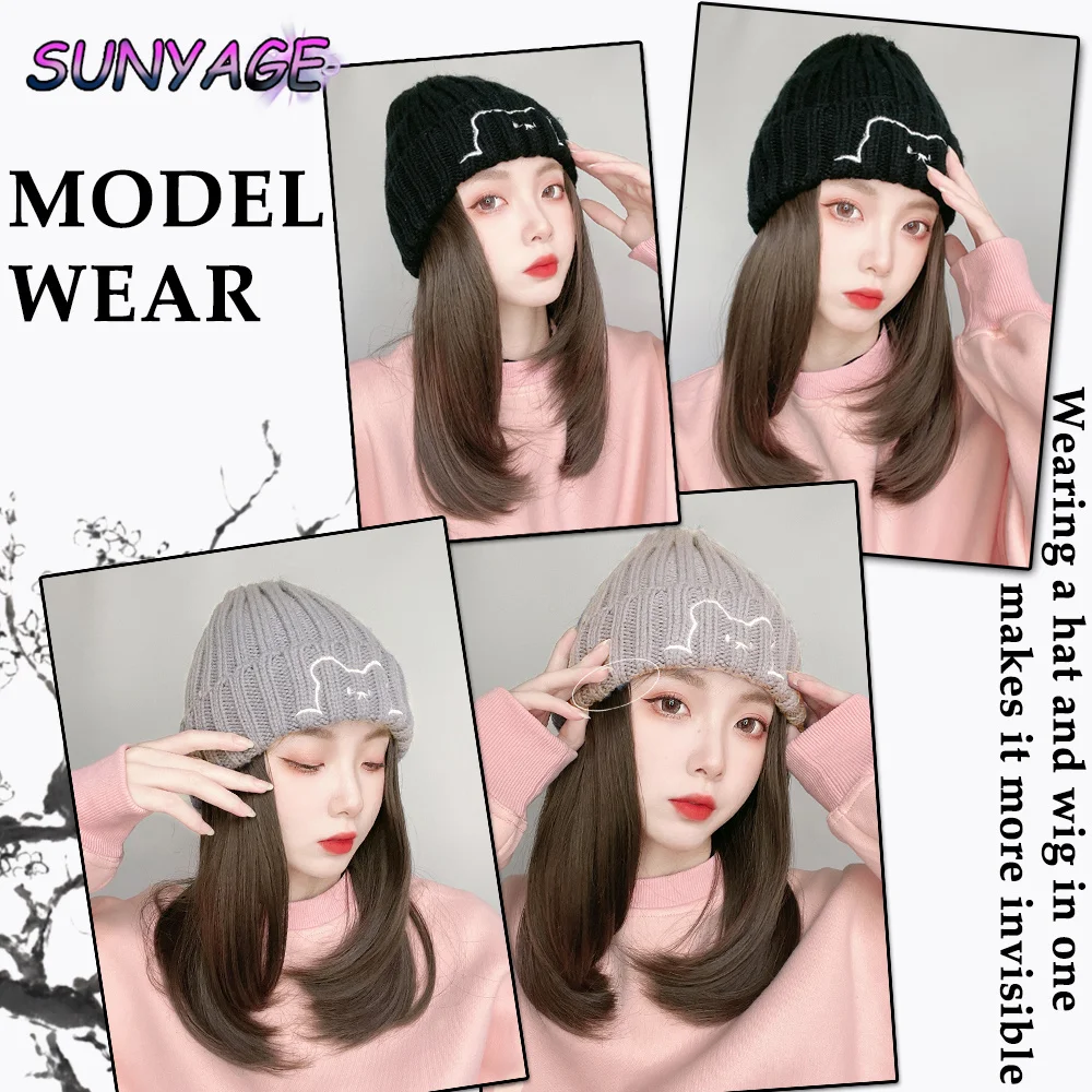 SUNYAGE Beanie Hat Synthetic Short Wig Hat with Hair Extension Natural Hair Color Black Brown Wigs for Women Wool Product - Image 6