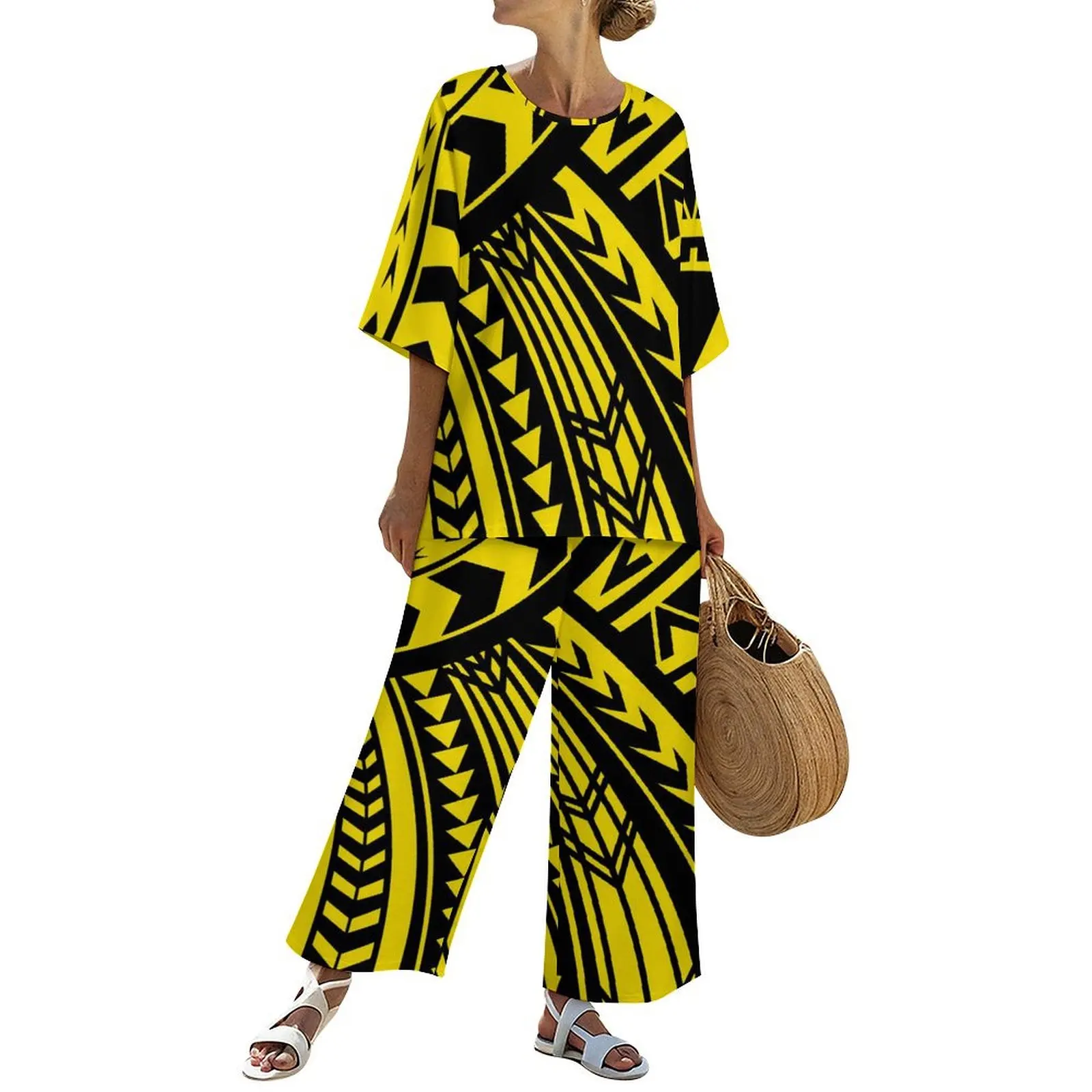 

New Polynesian Print Women Wide Leg Pants Island Design Women Clothing Loose Trousers Sarong Wrap Tie Pants round-neck Top Set
