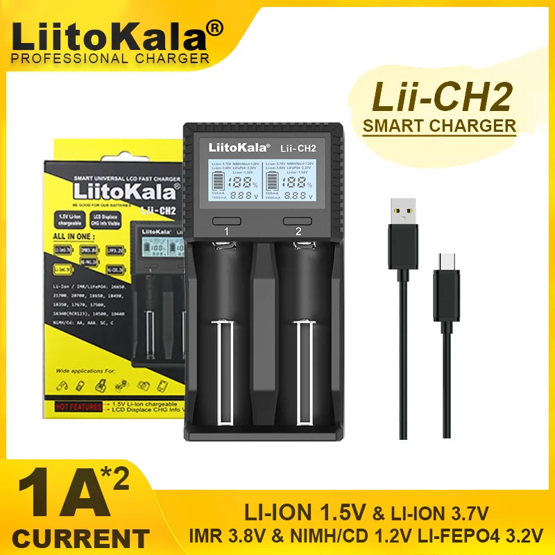 

LiitoKala Lii-CH2 1.5V AA AAA Li-ion Lithium Rechargeable Battery Smart Charger For 3.2V 3.7V 18650 21700 26650 26700 18350