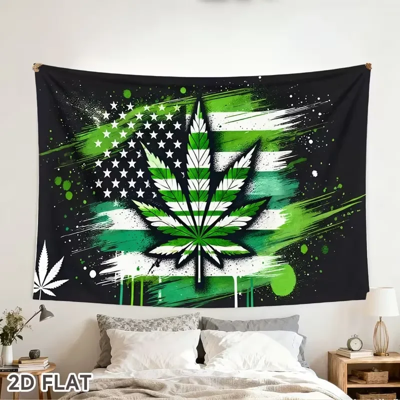 Green Leaf Graffiti Flag Tapestry, Vintage Splash Paint Flag Wall Hanging, Street Art Nature Aesthetic Room Wall Decor