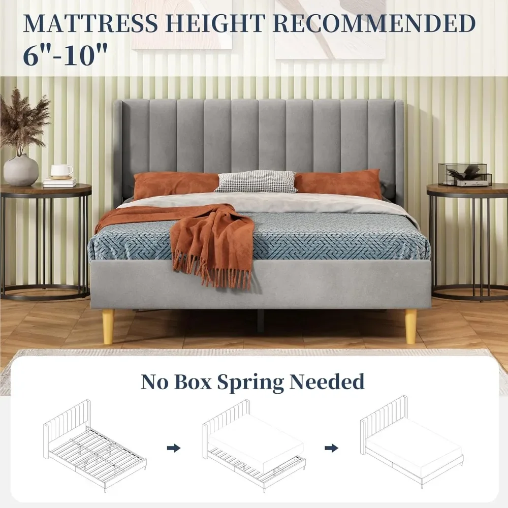 

Full Size Bed Frame, Velvet Upholstered Platform Bed with Vertical Channel Tufted Wingback Headboard, Wooden Slats, Customized