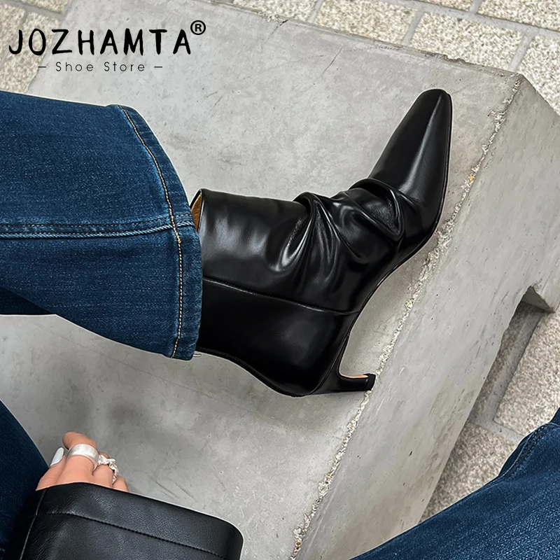 

JOZHAMTA Size 34-40 Women Ankle Boots Genuine Leather Ruched Wide Calf Fall Winter Kitten High Heels Shoes Office Dress Booties