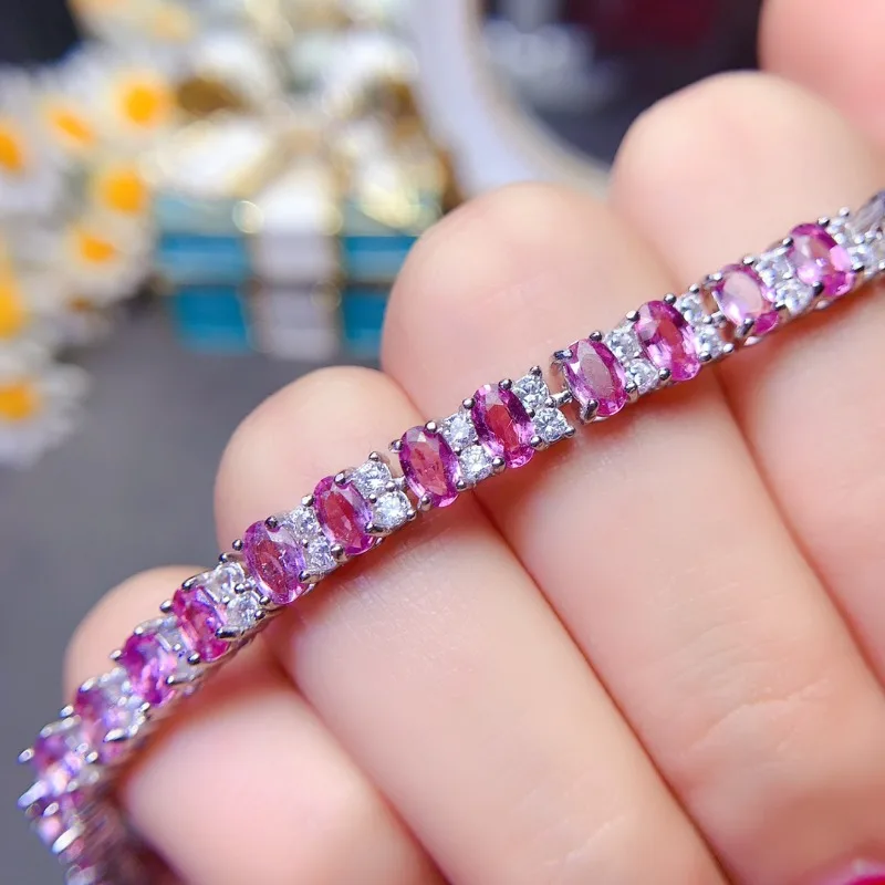 925 Sterling Silver Natural Pink Sapphire Bracelets Stone Bracelets Women's Boutique Wedding Luxury Jewelry Sapphire Wholesale