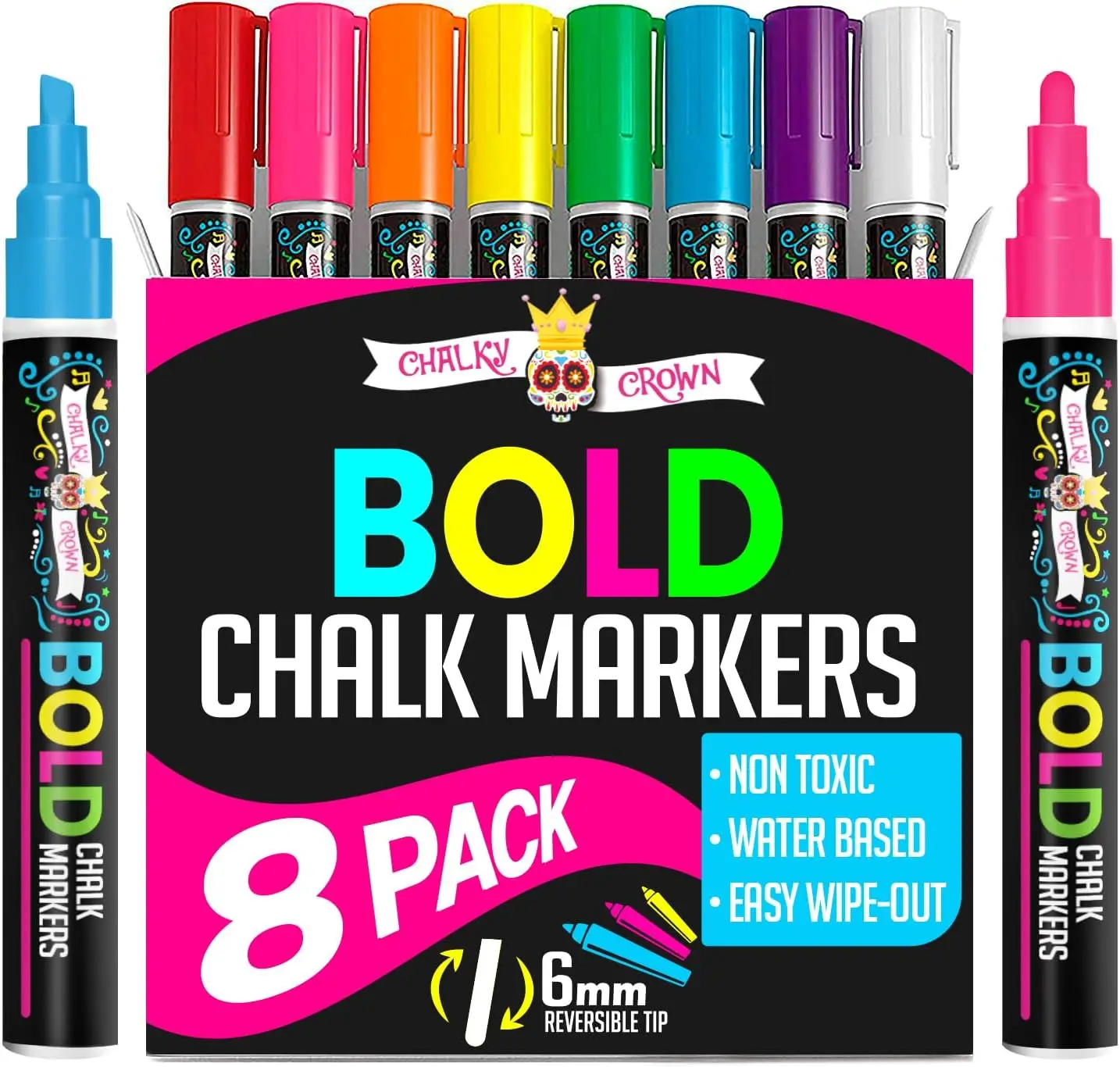 

Liquid Chalk Markers 8 Pack - Neon Colors, Reversible Tip, for Chalkboards & Windows
