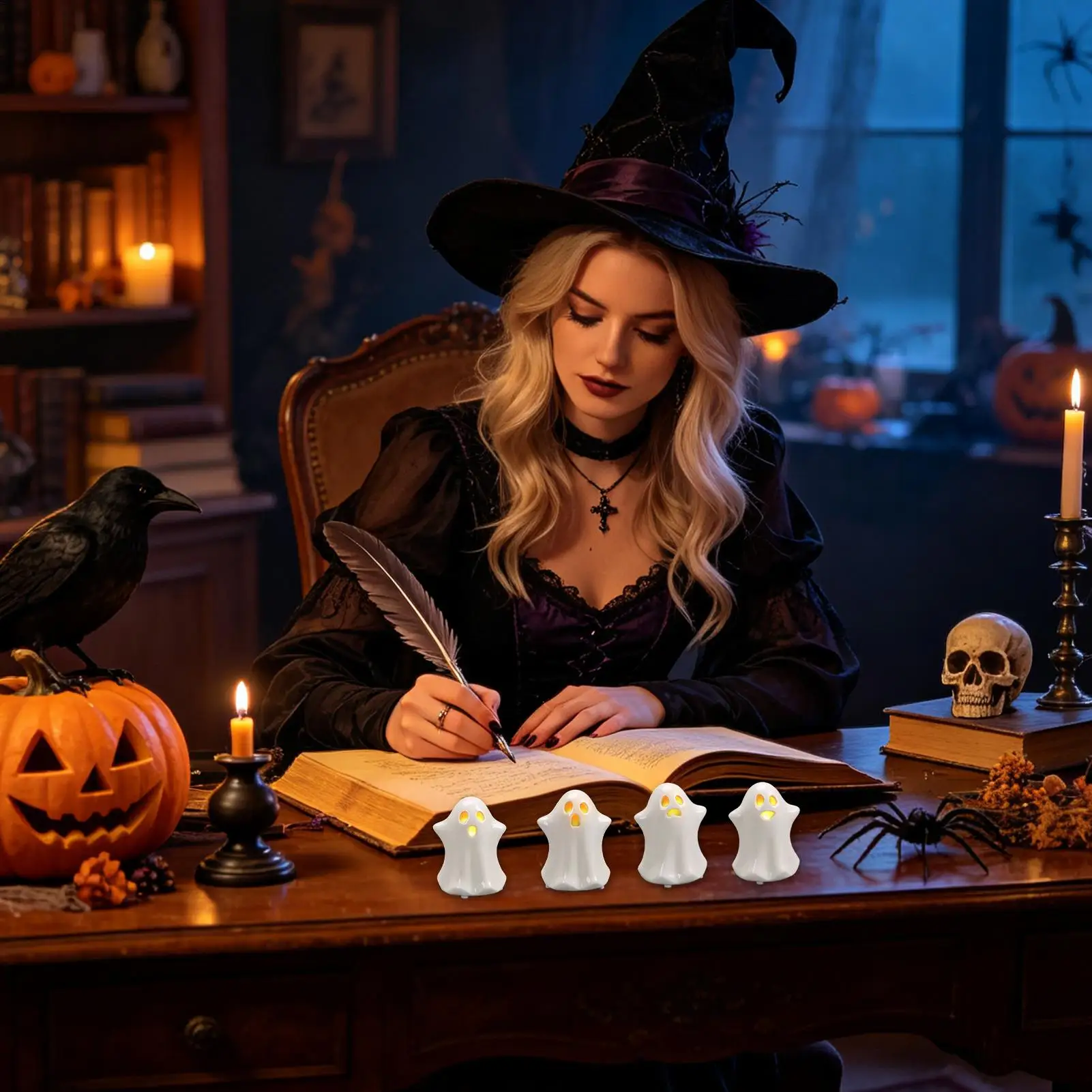 Halloween Figurines Ceramic LED Lighted Warm Glow Non-Slip Light Up Ghost Halloween Decor Small Figurines For Home Bedroom Desk