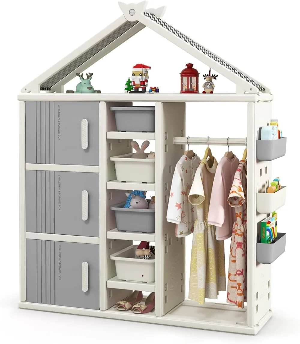 

Children Wardrobe, Open Hanging Armoire Closet with Storage Bins, Shelves, Side Baskets,for Kids (Grey)