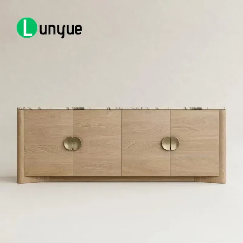 Modern Lightweight Wood TV Cabinet with 4 Doors Round Metal Handle Low Profile Media Storage Furniture for Living Room