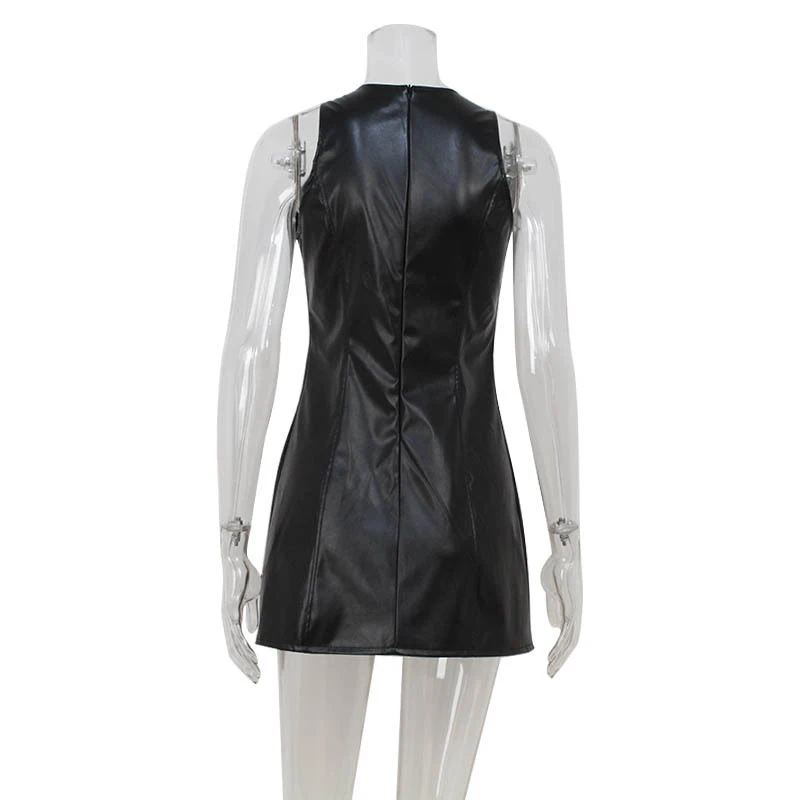 OMSJ 2025 하이 스트리트 블랙 섹시 슬리브리스 지퍼 슬림핏 레트로 패션 PU 레더 탱크탑 드레스 여성 캐주얼 신상 의상