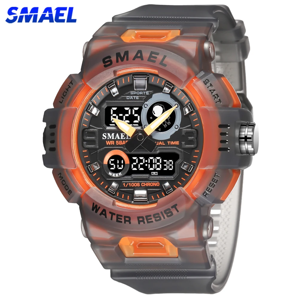 SMAEL Men Sport Watch LED Light Alarm Digital Clock Dual Time Display Week Auto Date Backlight Youth Quartz Wristwatches Male