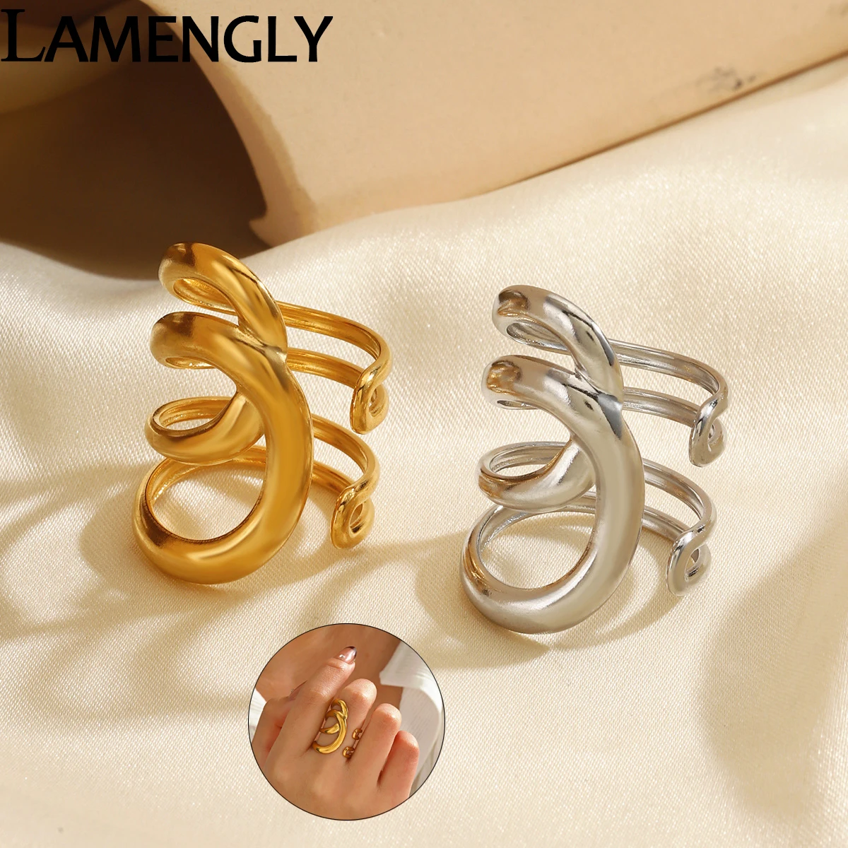 

LAMENGLY 316L Stainless Steel Classic Simple Spiral Cross Lines Geometry Ring For Women Personalized Open Rings Party Jewelry