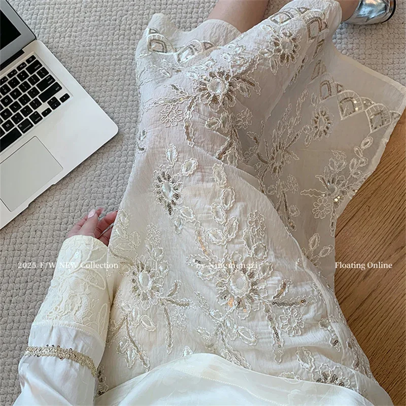 

New Luxury Fashion Sequin Skirt Women Vintage French Summer Floral Embroidered High Waist A-Line Party Skirts Elegant Jupe