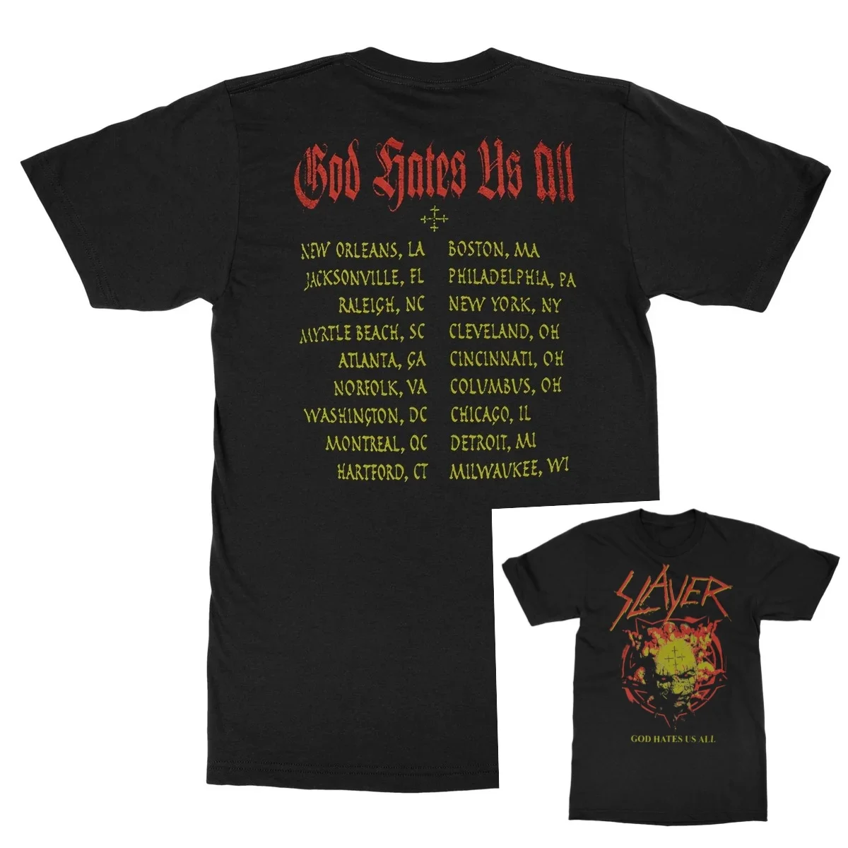 Slayer Seasons in The Abyss Album Graphic Print T‑Shirt, Features Slanted Red Band Logo Weathered Yellow Skull with Cross Marks