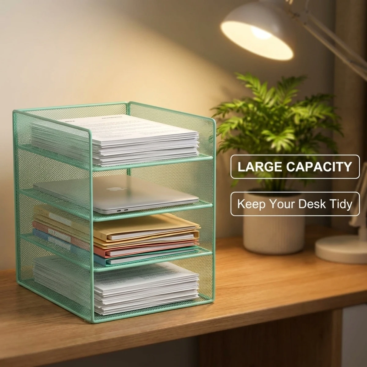 No Installation Mesh Desktop File Organizer – Large Capacity, Stackable 2/3/4 Tier, Green Metal Paper Holder Rack