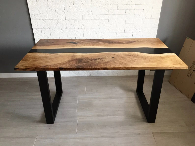 Multi-Use Dining Coffee & Kitchen Table Custom Rectangle Black River Epoxy Table with Oak Slab & Metal Base
