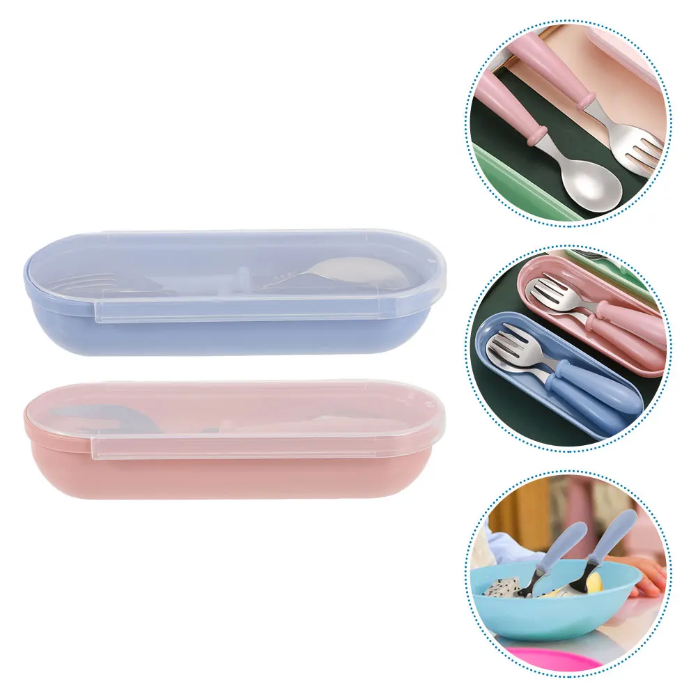

2 Sets Stainless Steel Spoon Fork For Toddler Tableware Lightweight Durable Abs Ergonomic Design Easy Grip Storage Box
