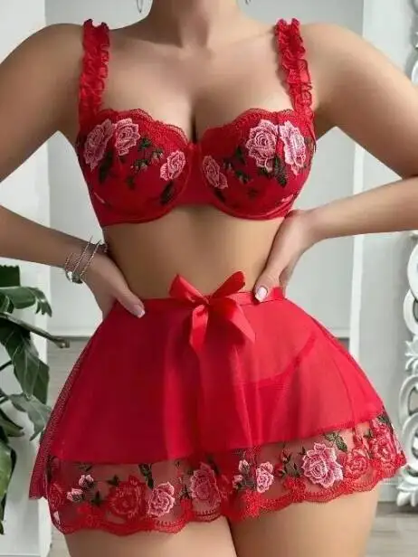 جديد مثير شاش شفاف الدانتيل زهرة التطريز مثير Bowknot عارية الذراعين العميق الخامس الحمالات أكمام تنورة مجموعات الرغبة النقية ZQAM