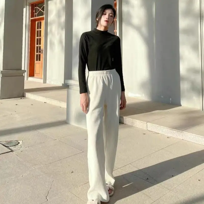 Simplicity Autumn Winter Corduroy Pants Women Solid Pockets Elastic High Waist Fashion Straight Wide Leg Ankle Length Trousers