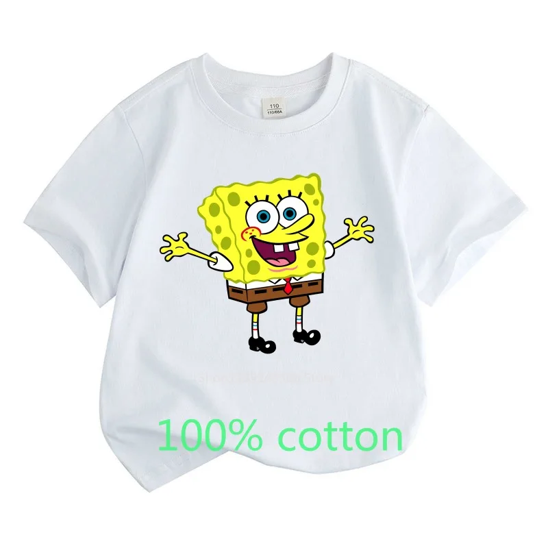 Spongebob Summer Children Clothes 100%Cotton T-shirt Fashion Kids Boys Girls Tops Cartoon Toddler Round Neck Short-sleeved Shirt