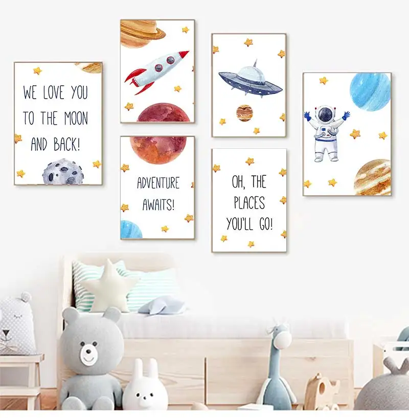 Quote Wall Art Canvas Painting Nordic Posters And Prints Wall Pictures Kids Room Home Decor Planet Astronaut Rocket motivational