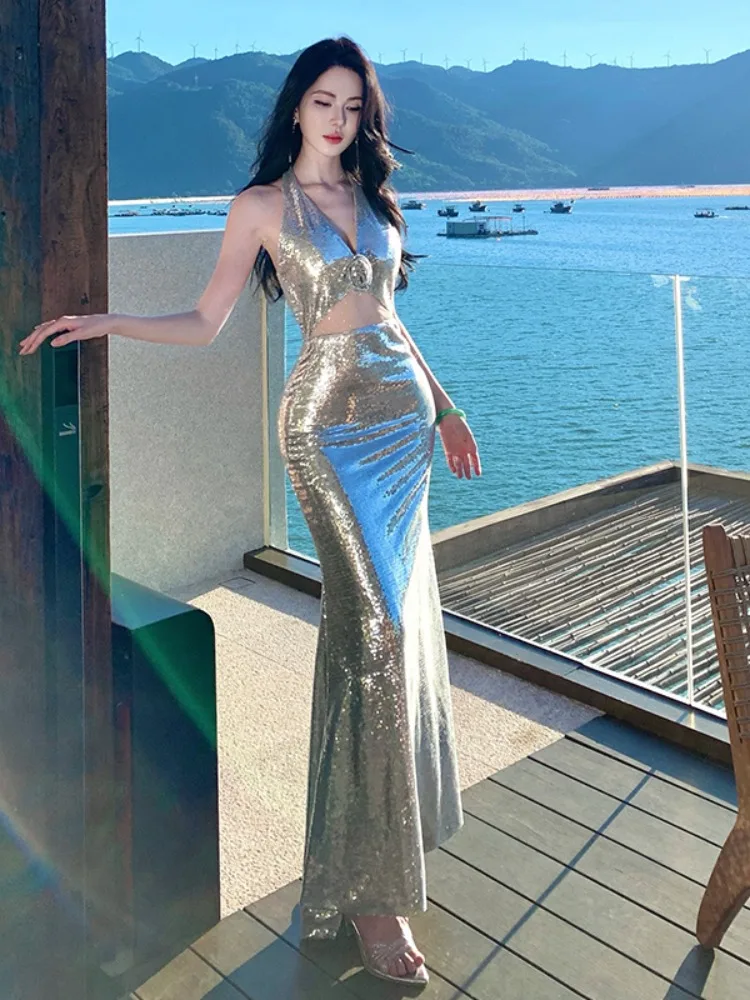 

Сексуальное женское длинное вечернее платье с серебряными пайетками и подвесной талией, роскошное светящееся вечернее платье