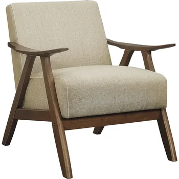 Image Mid Century Modern Accent Chair with Solid Wood Frame in Walnut Finish, Upholstered Living Room Lounge Arm Chair,