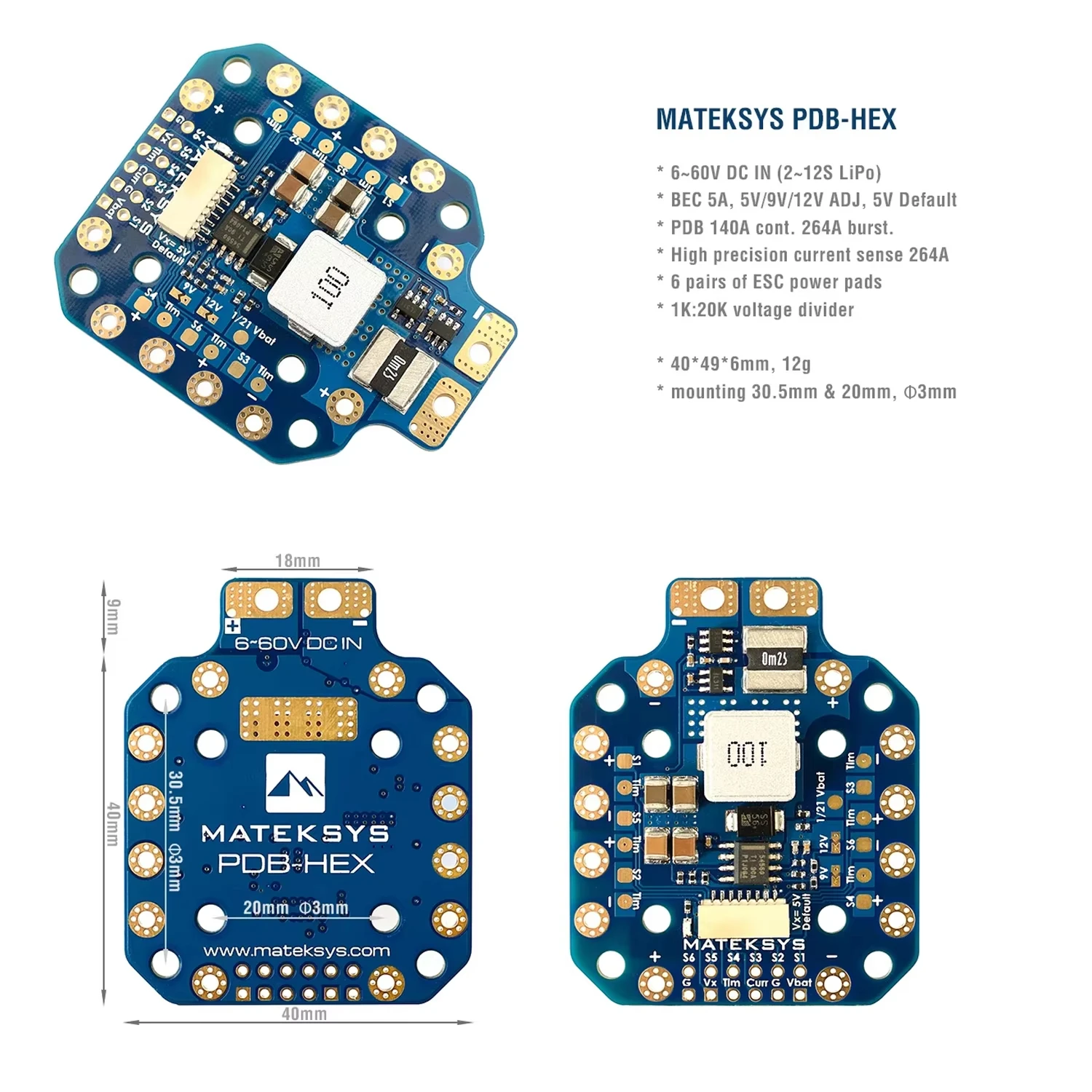 MATEK PDB-HEX 2-12S 5A 5V/9V/12V BEC Power Distribution Board PDB Outputs High Precision Current Sense for FPV Racing Drone