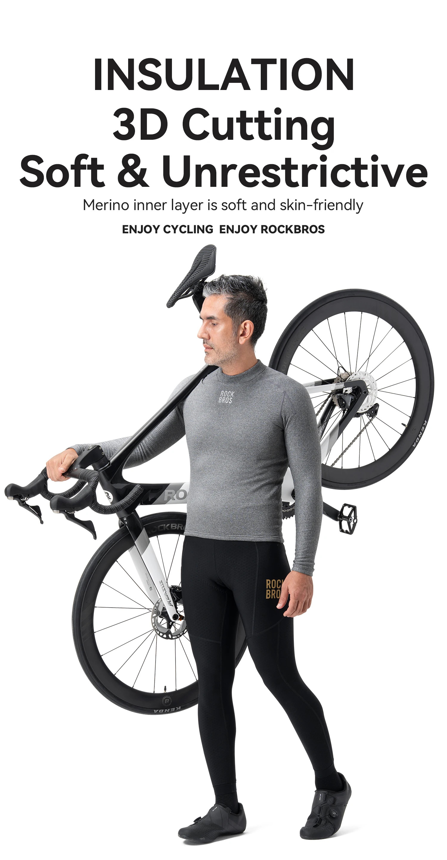 ROCKBROS Winter-Fahrradbekleidung, Woll-Wärme-Innenschicht-Oberteil, Feuchtigkeitsableitend, Fleece-Gefüttert, Weiche, Hautfreundliche Fahrrad-Unterwäsche – Detail 1