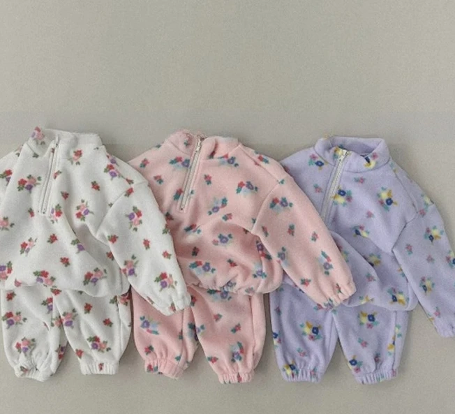Girls 2025 Fleece Set New Winter Floral Print Long-Sleeve Stand Collar Top & Pants Korean Fashion Two-Piece Outfit
