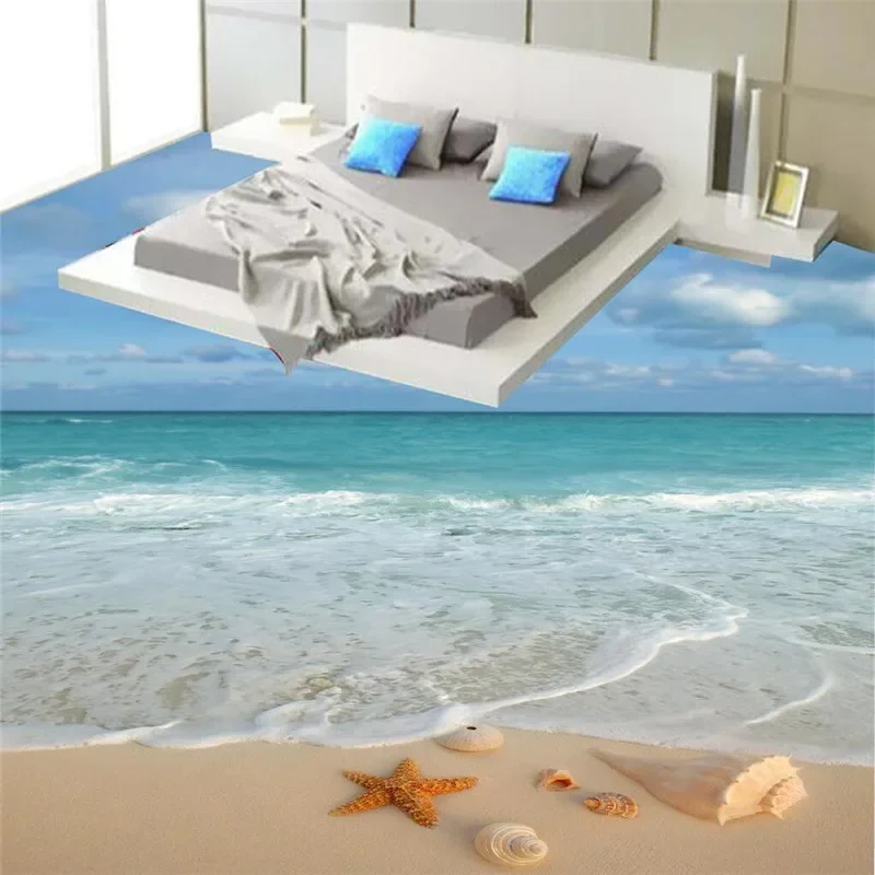 beibehang HD blue shells beach scenery Waterproof Bathroom kitchen balcony PVC Wall paper Self floor mural 3D wall sticker