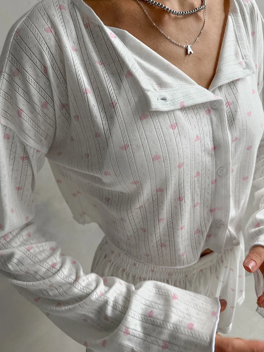 Marthaqiqi Printing Female Nightgowns 2 Piece Suit Long Sleeve Pajamas O-Neck Sleepwear Crop Top Nightwear Shorts Home Clothes