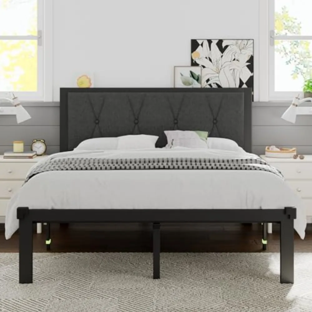 Queen Size Metal Bed Frame, Platform Bed with Upholstered Button Tufted Headboard, 12