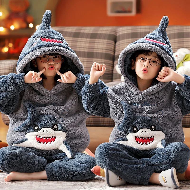 Thicken Toddler Shark Pijamas Hooded Pajamas Sets for Baby Girls Boys Sleepwear Winter Warm Kids Pyjamas Children's Home Wear