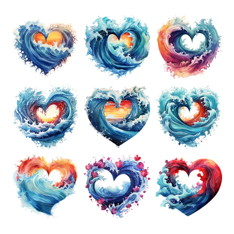 

Cartoon Love sea Waves Thermal Heat Transfer For Clothing Iron On Colorful Transfers For Clothes Appliques For Washable T-shirt
