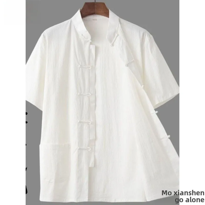 

Summer Lightweight Casual Chinese Sle Linen Elastic ort Sve irt Men's Youth Loose Fit Tea Service Traditional Costume