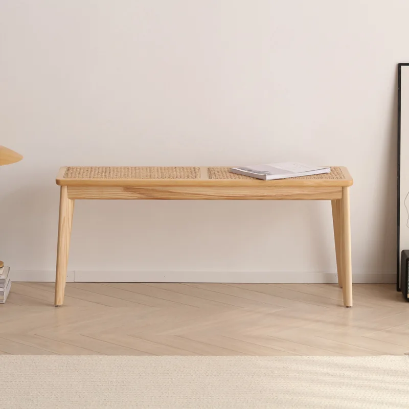 Ratán, tira larga, madera de fresno, extremo de cama, banco, totalmente de madera maciza, cambio de zapatos, nórdico, simple, hogar