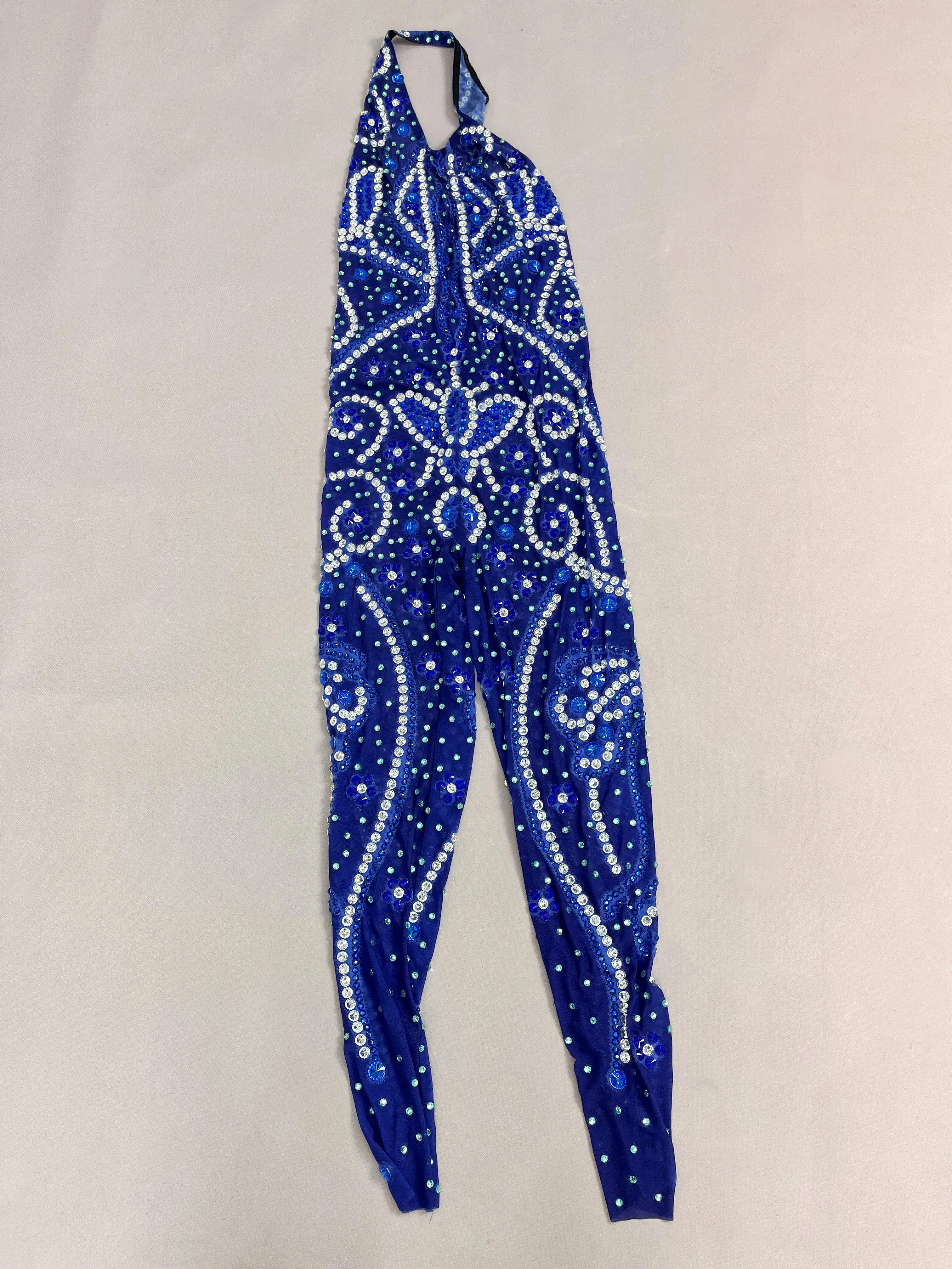 Special Perform Costumes Shining Blue Rhinestones Mesh BacklessJumpsuits Women Bar Party Singer Dancer Strech Bodysuit Hualianye