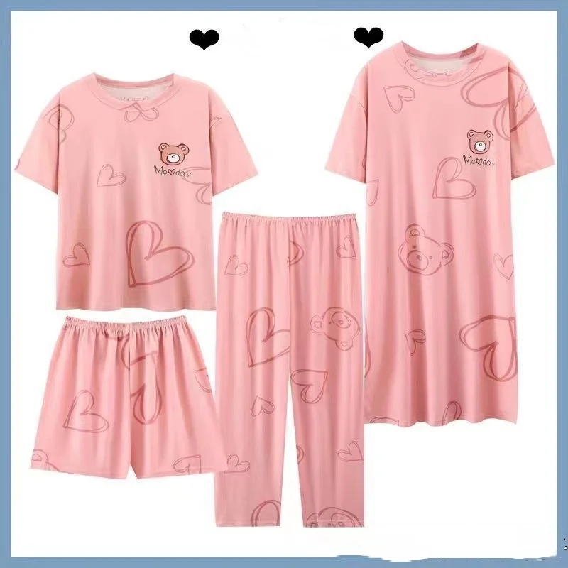 Women Summer Four Pieces Set Short Pajama With Nightdress Short Sleeve Top Shorts Pants7 Thin Printing Cartoon O-neck Loose Cute