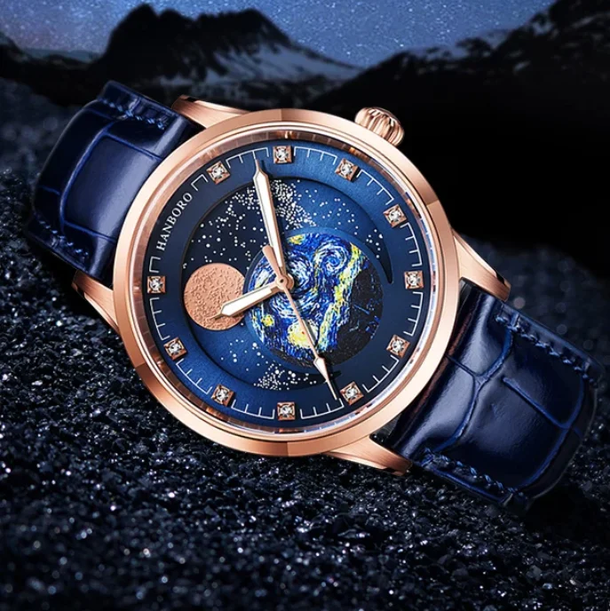 HANBORO Men Automatic Watch 42mm Moon Phase Mechanical Wristwatch Waterproof Luminous Rotatable Starry Sky Dial Sapphire Mirror