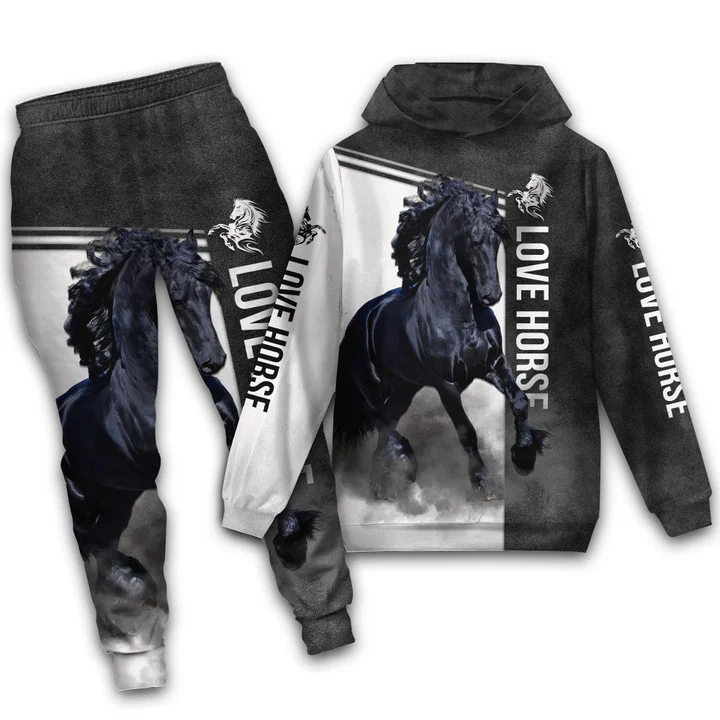 Dierlijk paardpatroon 3D-print 2-delige set Gestreept geruit Mode Ademend Heren Hoodies met lange mouwen Broek Tweedelige joggingpakken