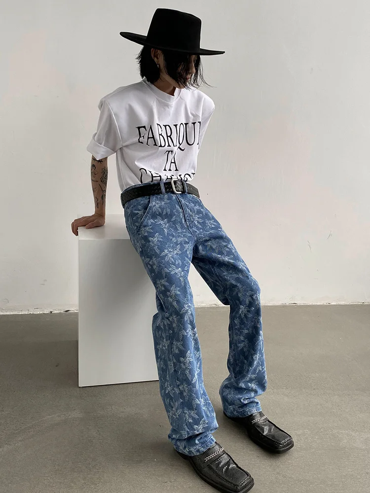 Leaf Personalized Print Design Casual Pants 2022 New Fashion Niche Korean Style Temperament Slim Straight Jeans 2A2044