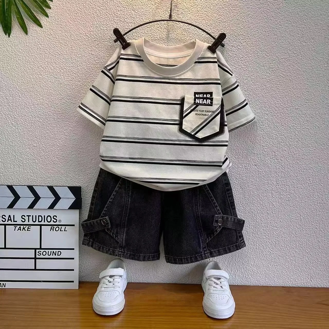 New Summer Korean Boutique Design Clothes Striped Short Sleeve T-Shirt+Jeans Shorts 2pcs Cool Boys Sport Clothes Kids Casual Set