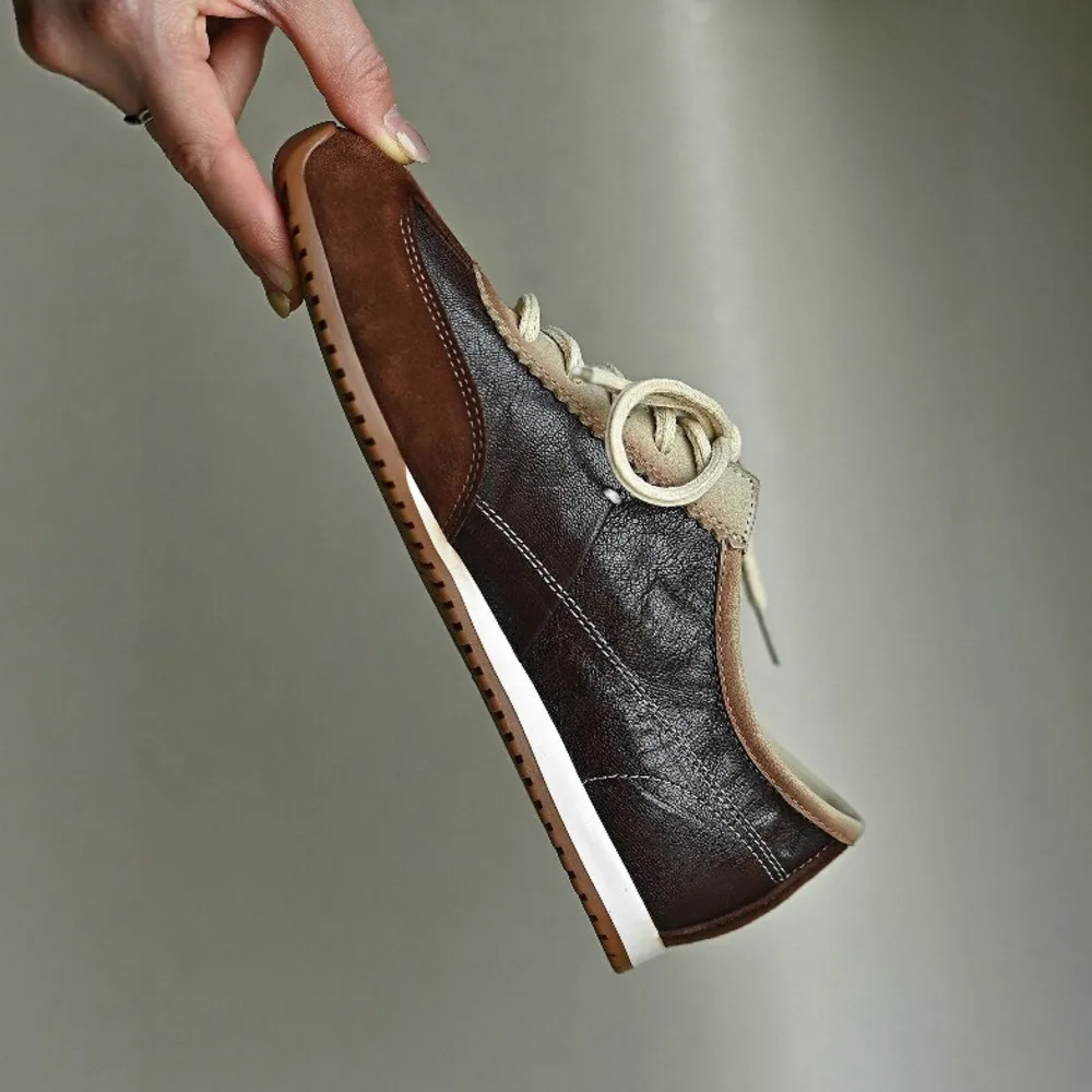 Women Dark Brown Genuine Leather Sneakers Vintage Distressed Suede Patchwork Lace‑Up Flat Training Shoes