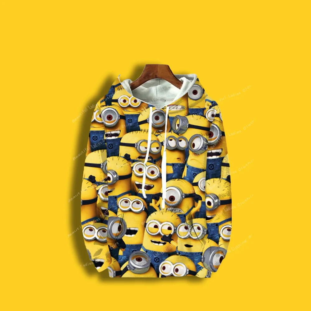 (MINISO)Minions Cute Cartoon Print Women Hoodies Gifts Casual Style Y2K Streetwear Sweatshirts Fall /Winter Tops Women Coats