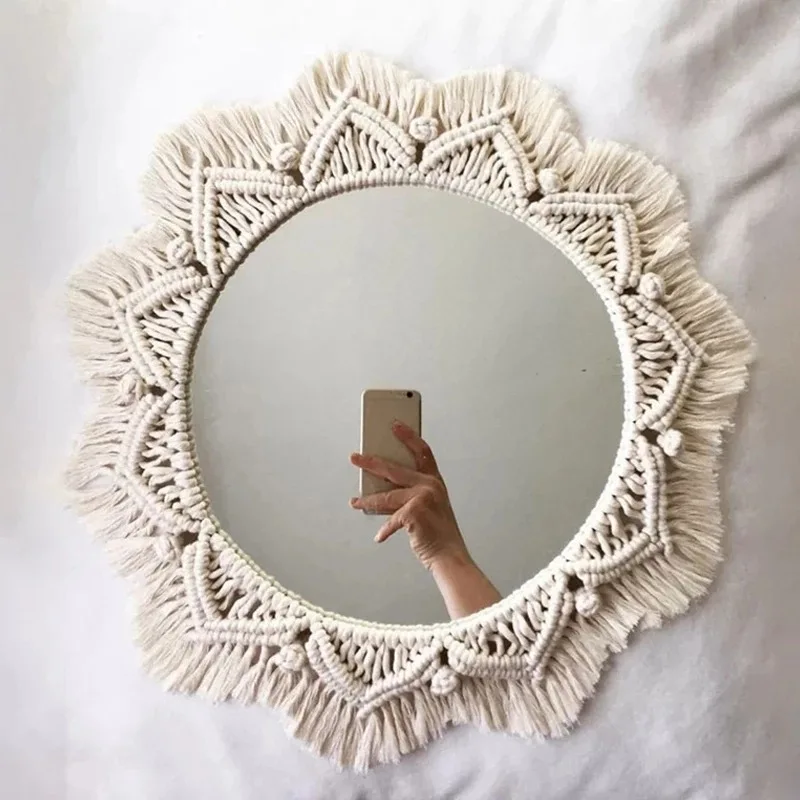 Decorative Wall Mirror Round Macrame Fringe Hanging Hand Knitting Wall Mirrors for Bedroom Wall Living Room Baby Nursery Decor